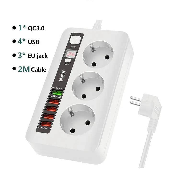 Разклонител модел BKL 04EU, 3 гнезда и 5 USB порта, FastCharge, с ключ, 2500W, 10A
