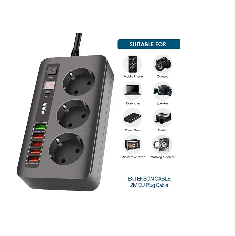 Разклонител модел BKL 04EU, 3 гнезда и 5 USB порта, FastCharge, с ключ, 2500W, 10A