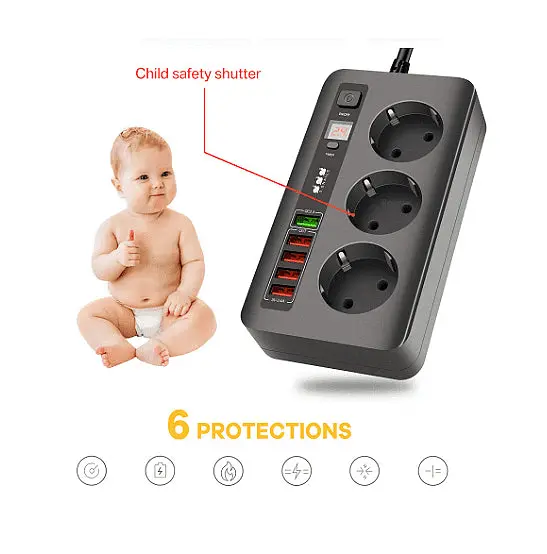 Разклонител модел BKL 04EU, 3 гнезда и 5 USB порта, FastCharge, с ключ, 2500W, 10A