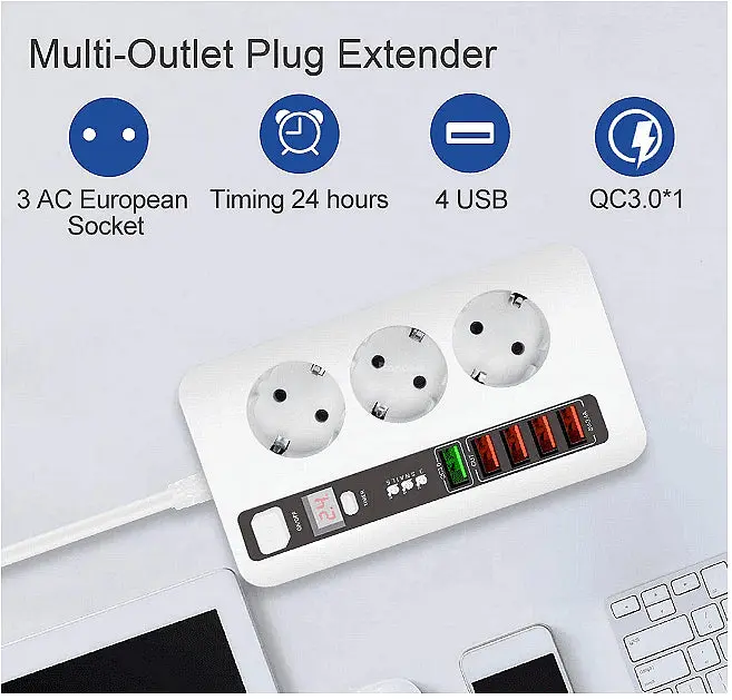 Разклонител модел BKL 04EU, 3 гнезда и 5 USB порта, FastCharge, с ключ, 2500W, 10A