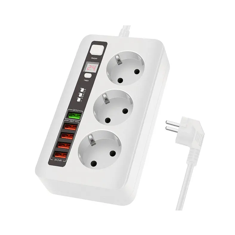 Разклонител модел BKL 04EU, 3 гнезда и 5 USB порта, FastCharge, с ключ, 2500W, 10A
