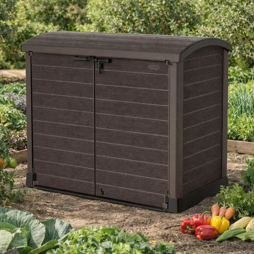Duramax StoreAway 1200L пластмасов градински навес за съхранение с дъгообразен капак, кофа за боклук, кафяв