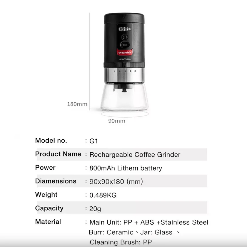 Oceanrich G1 Coffee Grinder Electric Portable Rechargeable Adjustable USB cable