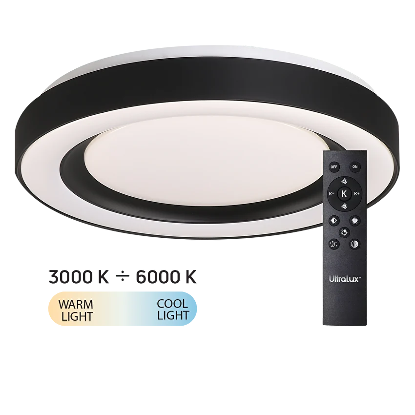 LED димираща ССТ плафониера с дистанционно управление, черен, max.72W, 3000K-6000К, 220-240V AC, кръг, IP20