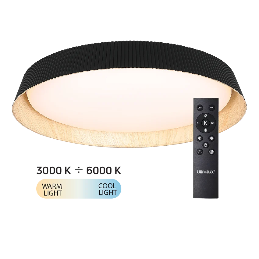 LED димираща ССТ плафониера с дистанционно управление, черен/дърво, max.72W, 3000K-6000К, 220-240V AC, кръг, IP20