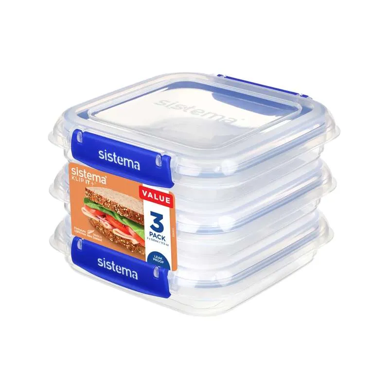 Sistema Food Storage - Clip It Plus - Square - 3-Pack - 520ml - Cobalt
