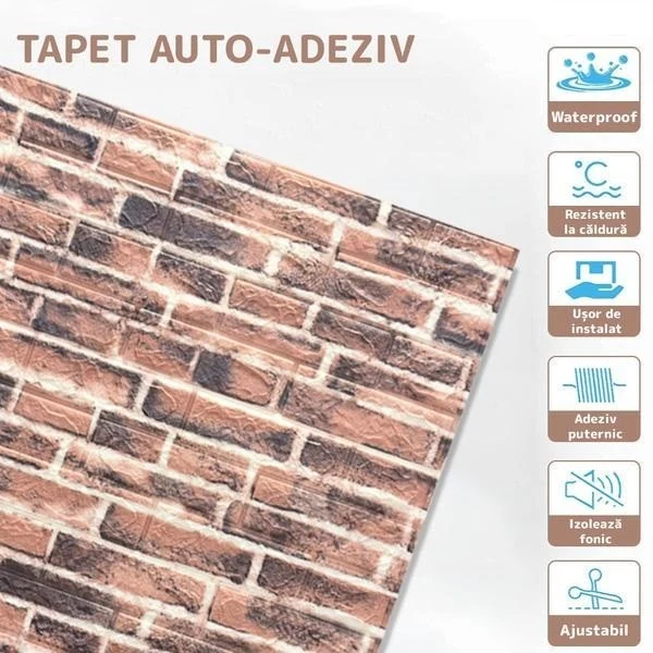Комплект от 10 3D тапетни плочки, 70 X 77 см, дебелина 3 мм, полиетилен, тухлен мотив, покрита площ 5,3 м², червена тухла