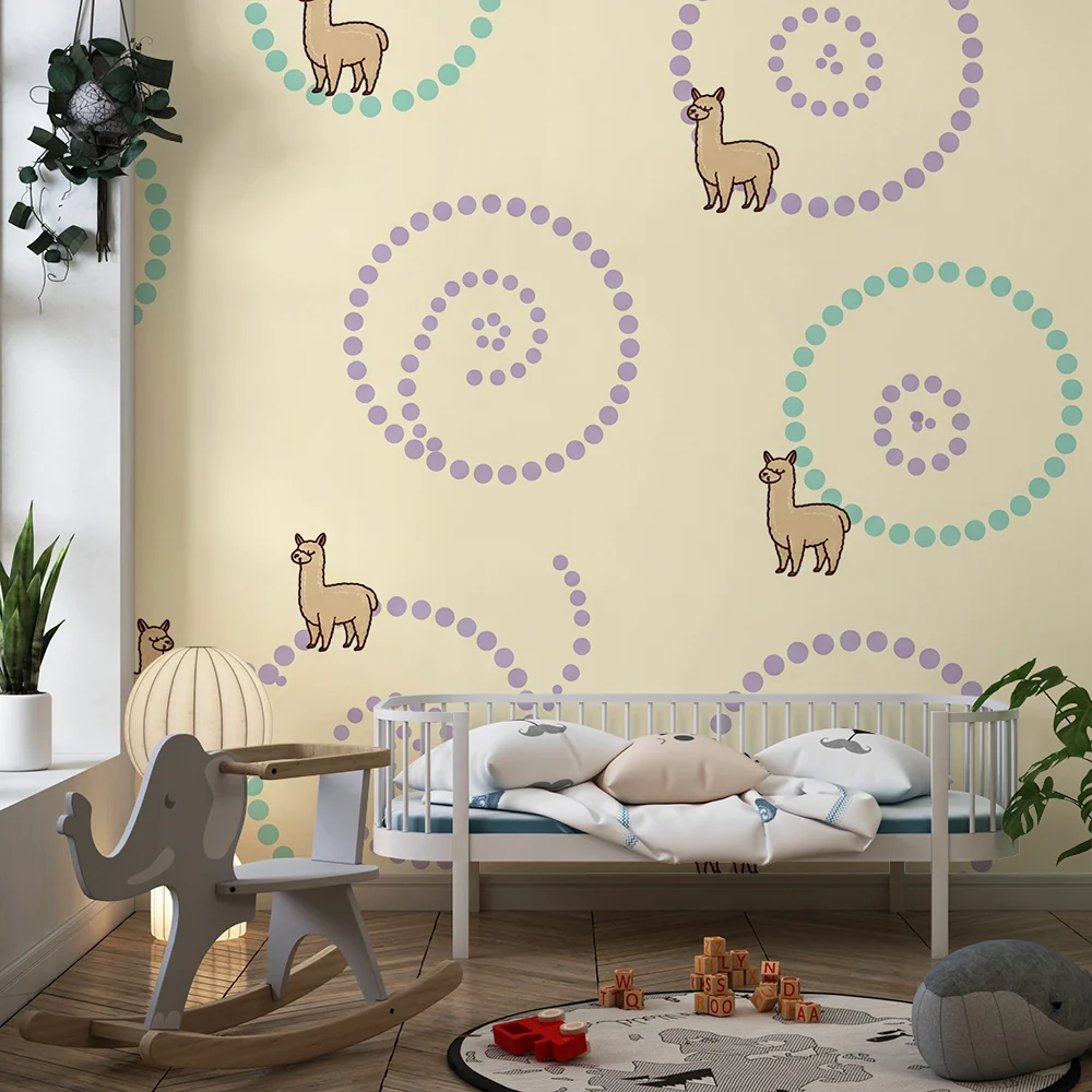 Тапети за детска стая | Сладки алпаки върху пастелен фон със спиралови мотиви