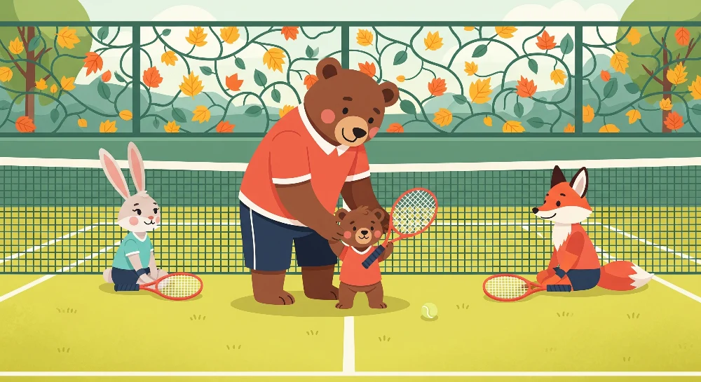 Тапети за детска стая | Игриви животни, играещи тенис на слънчев корт