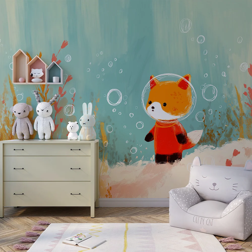 Тапети за детска стая | Малък подводен лисица изследва цветен воден свят
