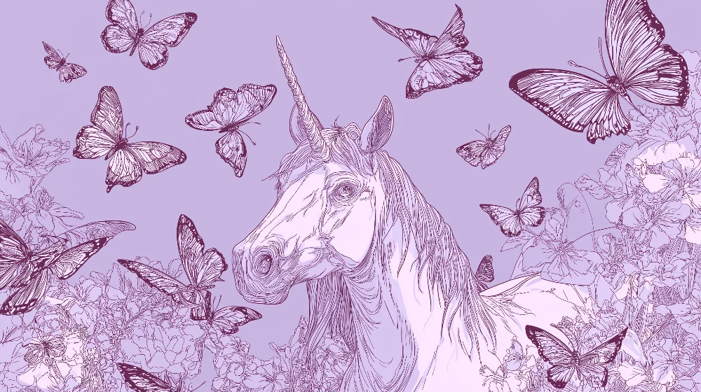 Тапети за детска стая | Едноцветна едноръжка, обградена от деликатни пеперуди