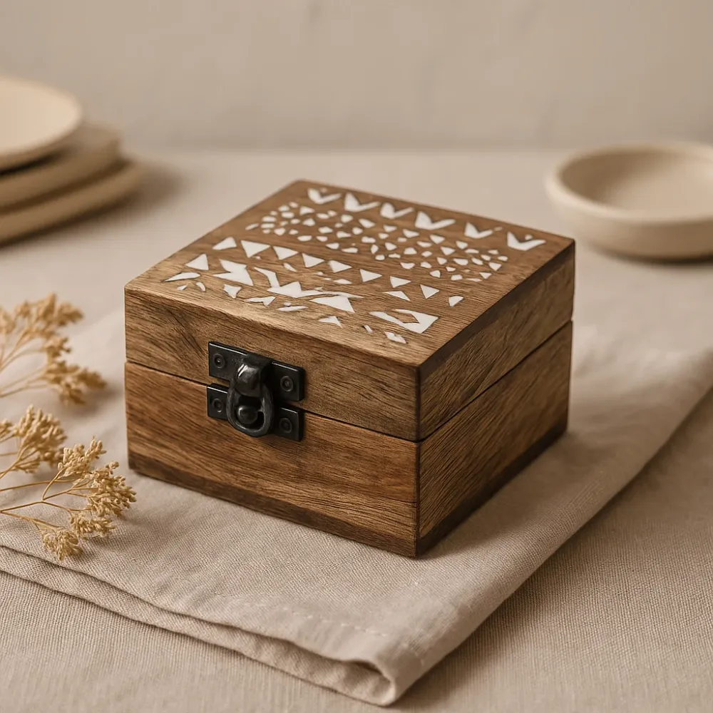 Дървена кутия с бял варов ефект, славянски дизайн 10x10x6 cm