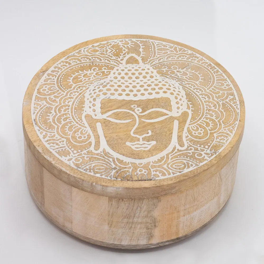Кръгла кутия Лице на Буда Боядисано в бяло 17.5x7.5cm
