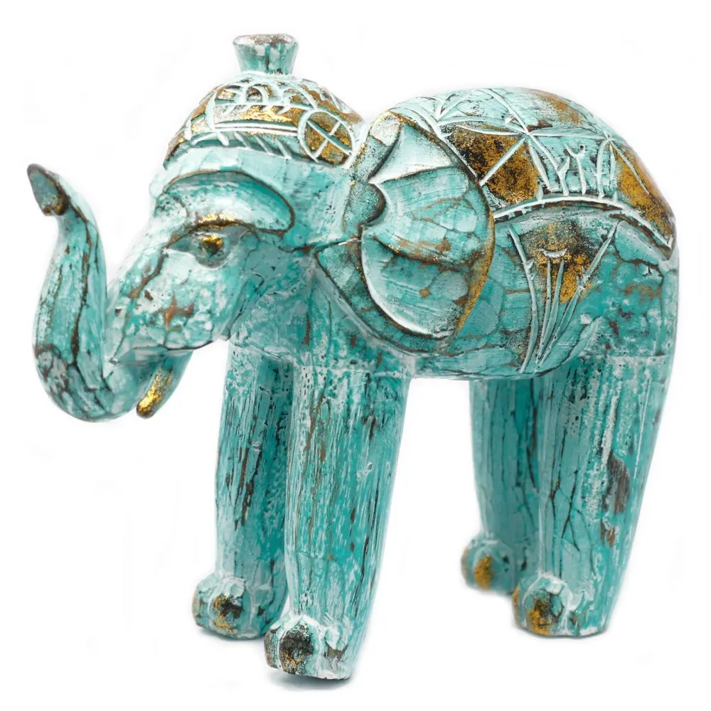 Ръчно издялана дървена статуетка на слон, тюркоазено злато