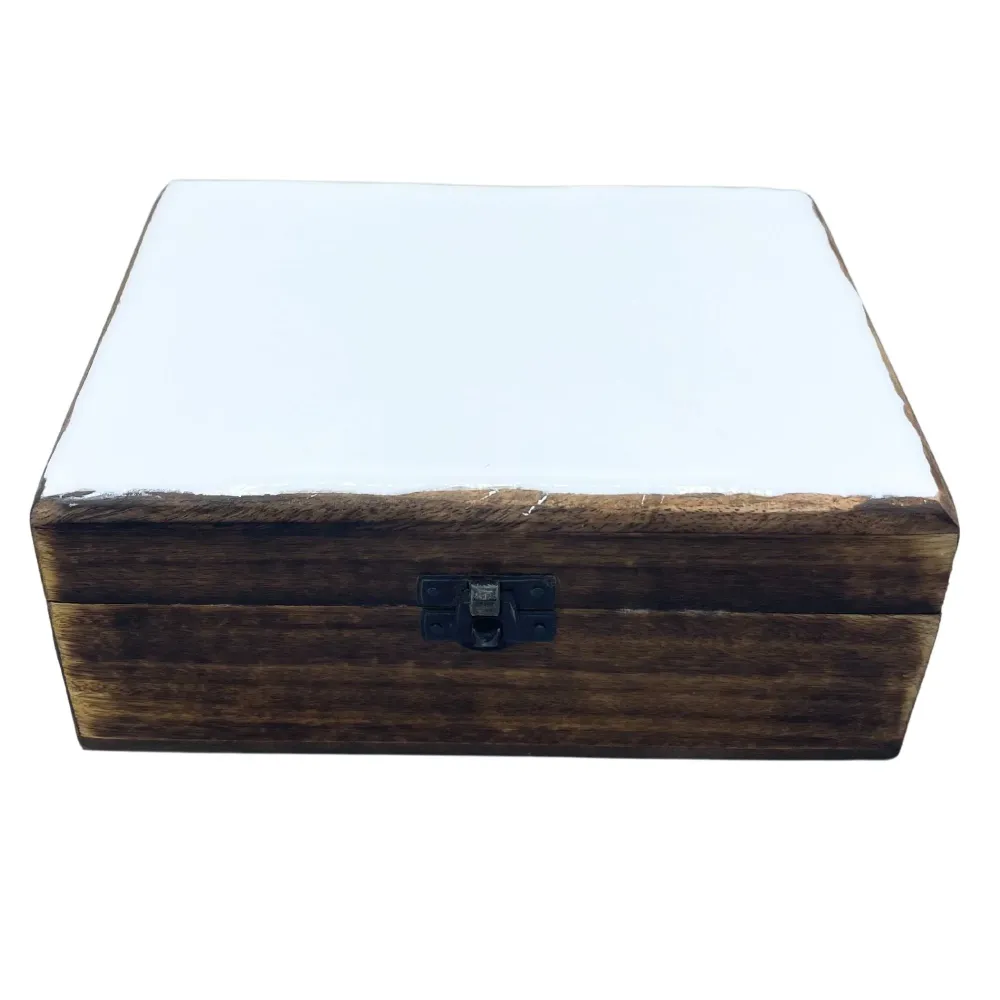 Керамична глазирана кутия за съхранение от мангово дърво бяла 20x15x7.5cm