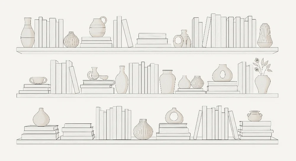 Тапети за детска стая | Минималистични рафтове с книги и вази
