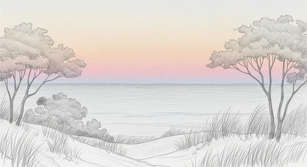 Тапети за детска стая | Успокояващ крайбрежен пейзаж с дървета и море