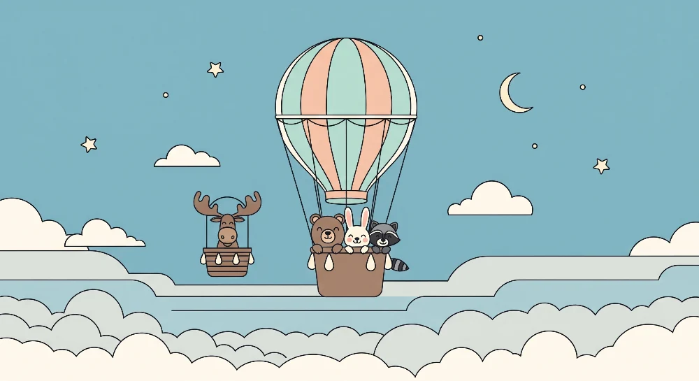 Детска стая тапет | Цветен въздушен балон с милни животни на небето