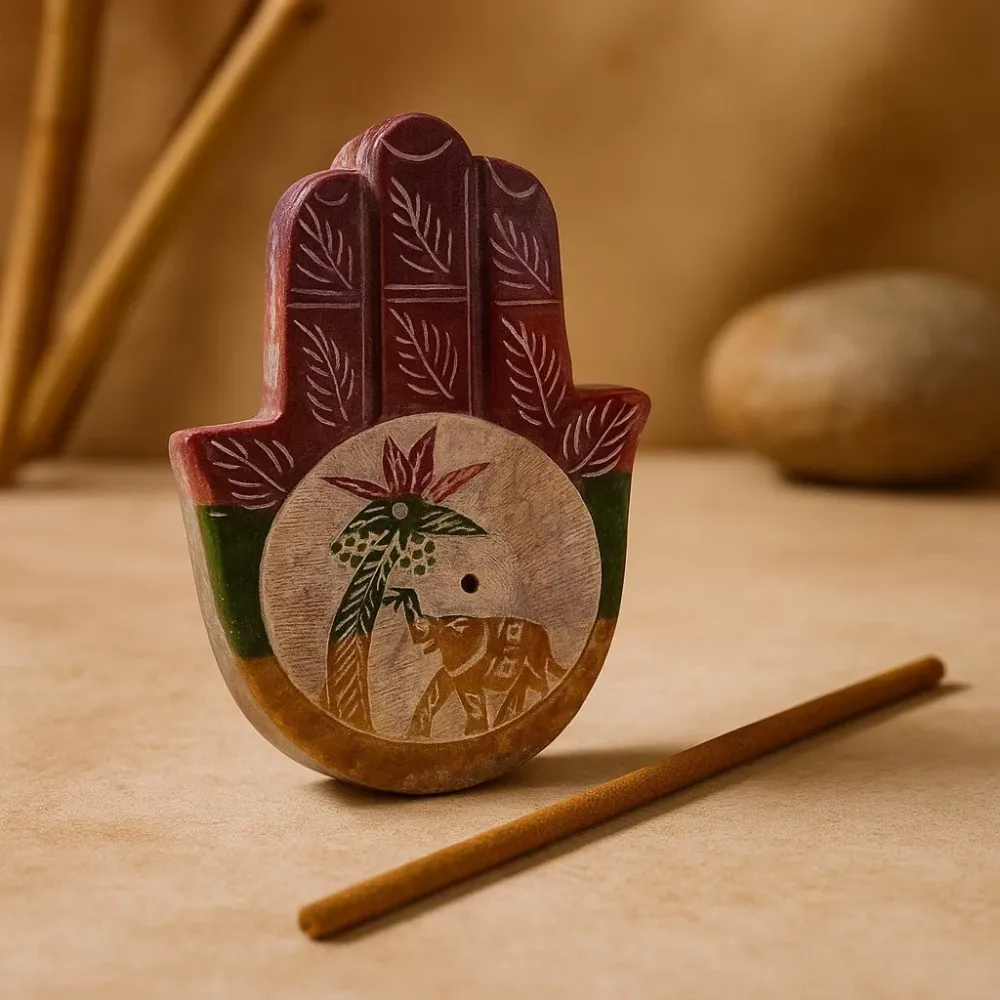 Поставка за тамян от сапунен камък Хамса слон и палма 9x6cm
