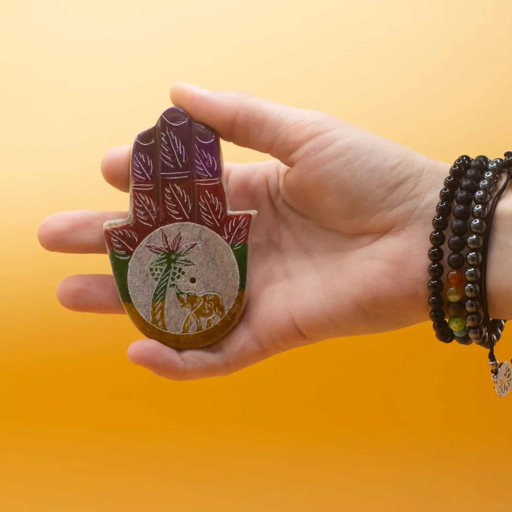Поставка за тамян от сапунен камък Хамса слон и палма 9x6cm