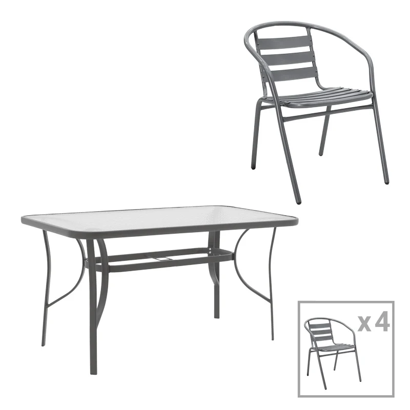 Трапезен комплект ENSURE-TADE 5бр метал-стъкло тъмно сиво 120x70x70см