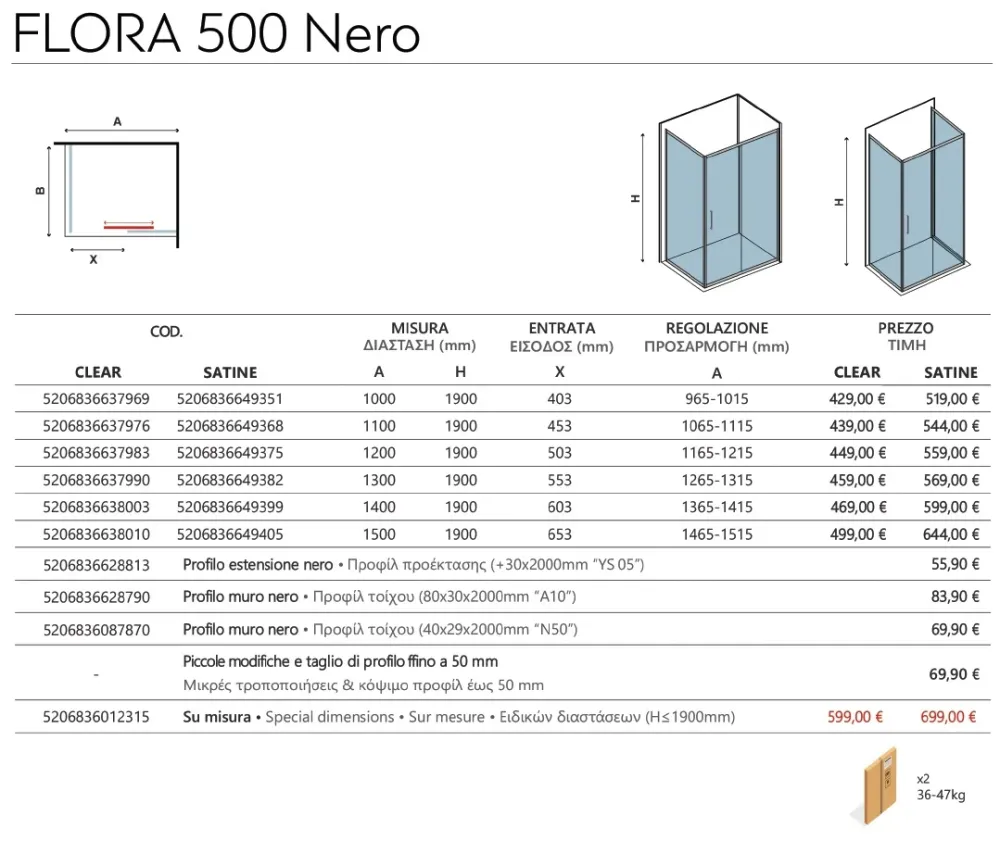 Flora 500 Nero Satine - 116.5-121.5 см. - матирано стъкло