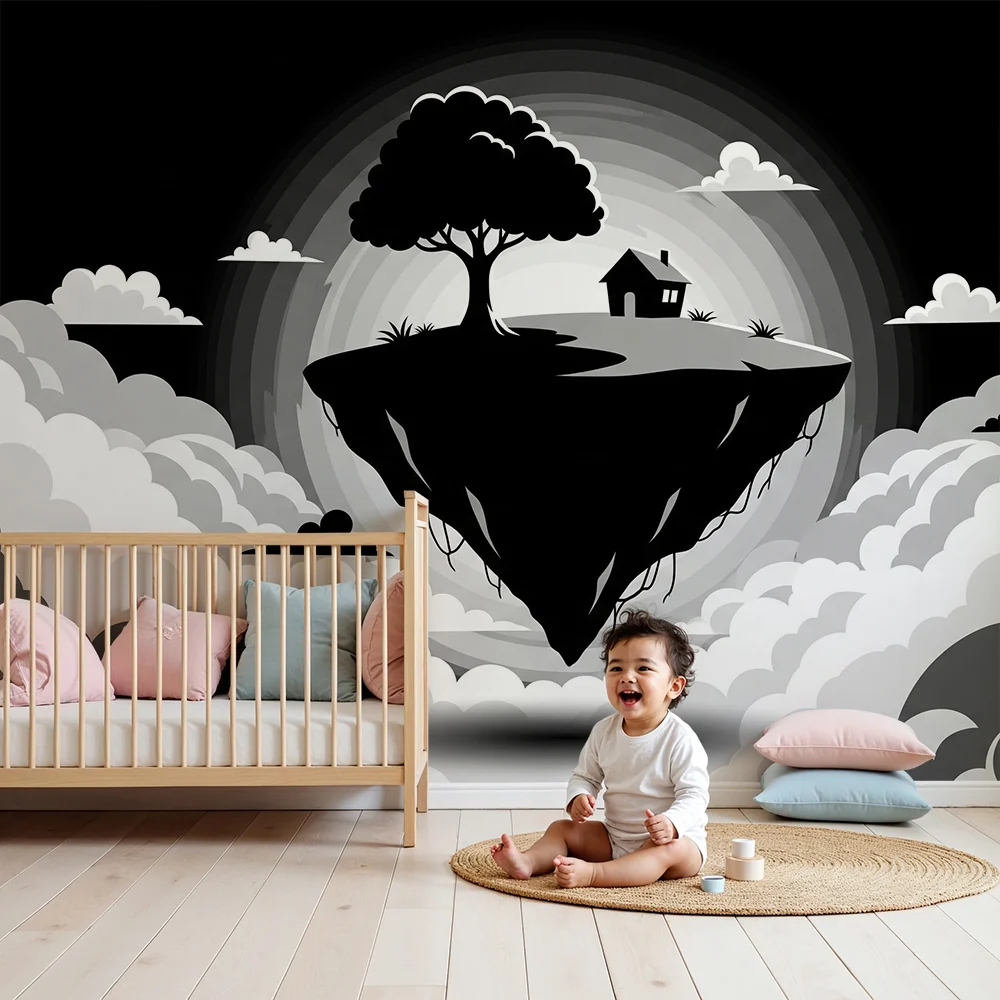 Kids room wallpaper | Плаващ остров с дърво и къща в облаците