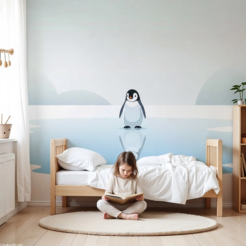 Kids room wallpaper | Мило пингвин на лед със спокоен отражение