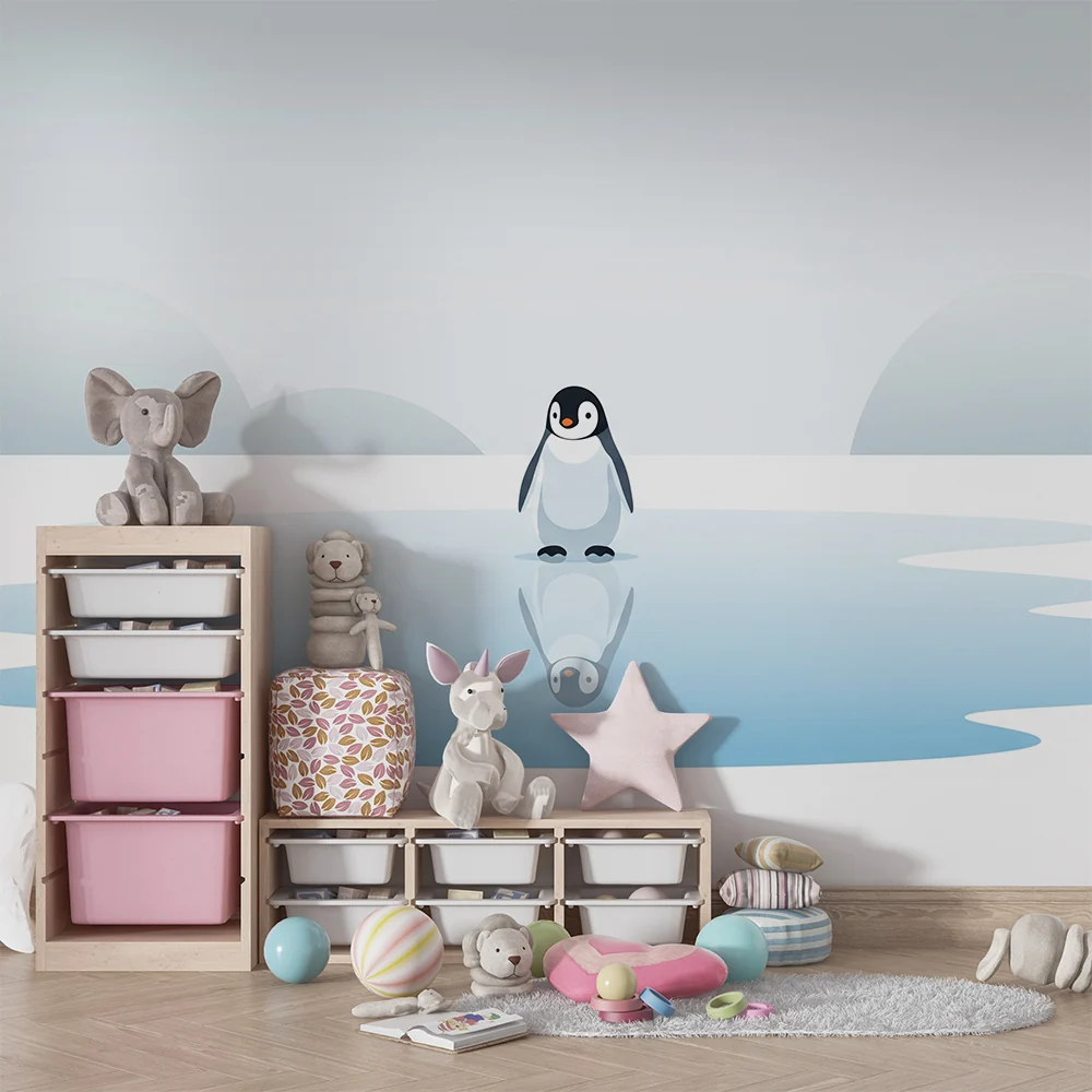 Kids room wallpaper | Мило пингвин на лед със спокоен отражение