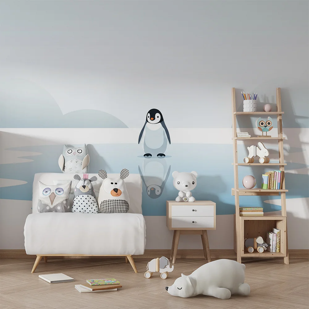 Kids room wallpaper | Мило пингвин на лед със спокоен отражение