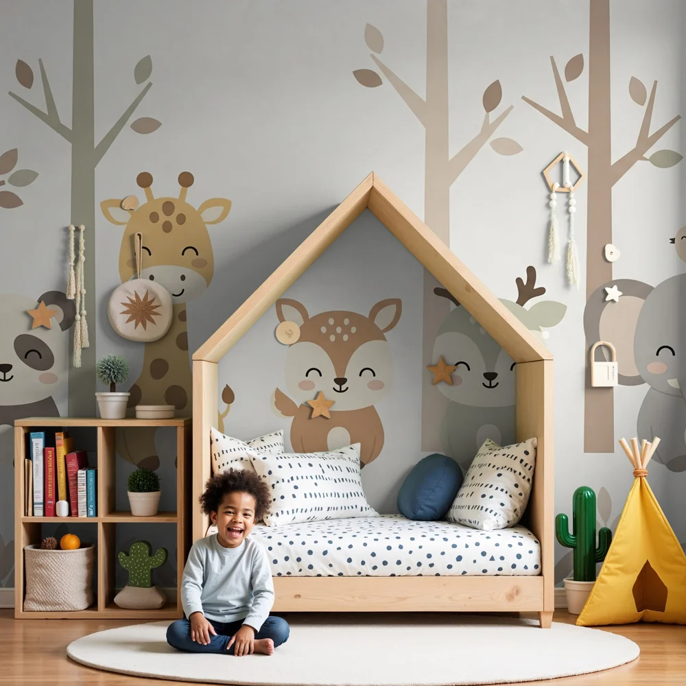 Kids room wallpaper | Cute forest animals trees