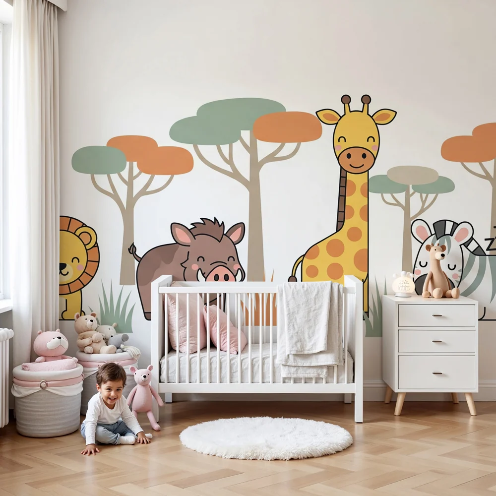 Kids room wallpaper | Cute savannah animals simplified design