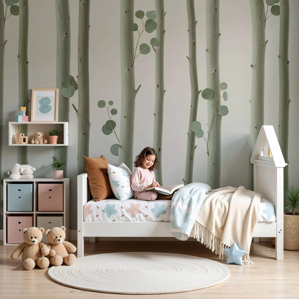 Kids room wallpaper | Soothing wood and delicate foliage