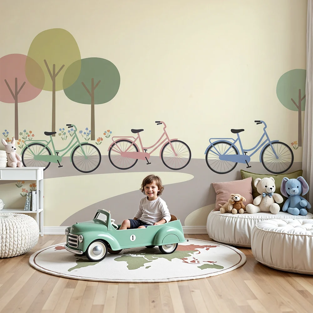 Kinderkamer behang | Kleurrijke fietsen het midden van een bloeiend park