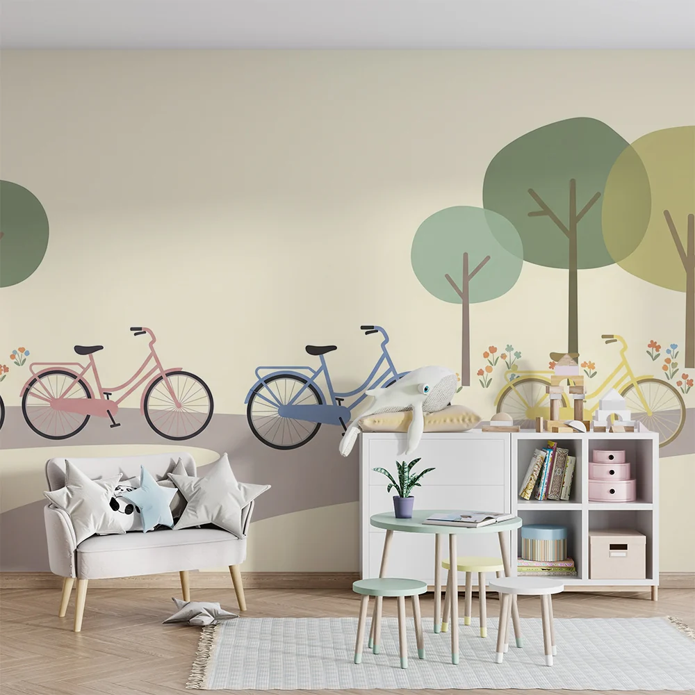 Kinderkamer behang | Kleurrijke fietsen het midden van een bloeiend park