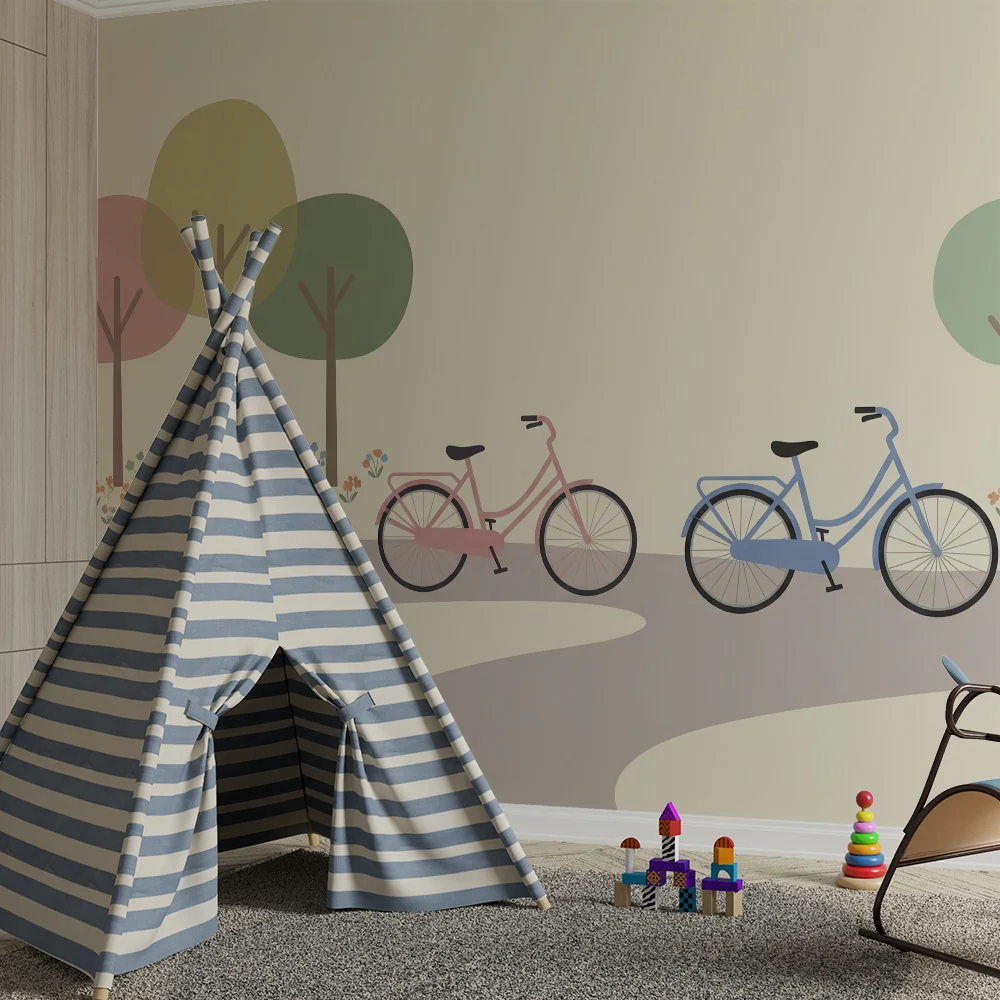 Kinderkamer behang | Kleurrijke fietsen het midden van een bloeiend park