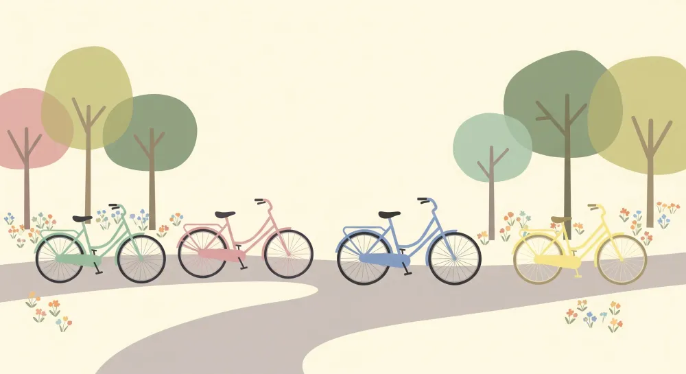 Kinderkamer behang | Kleurrijke fietsen het midden van een bloeiend park