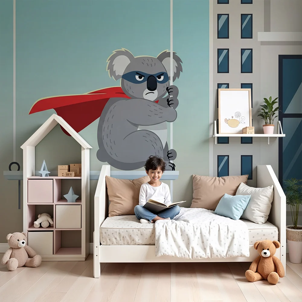 Kinderkamer behang | Koala superheld actie op stedelijke achtergrond