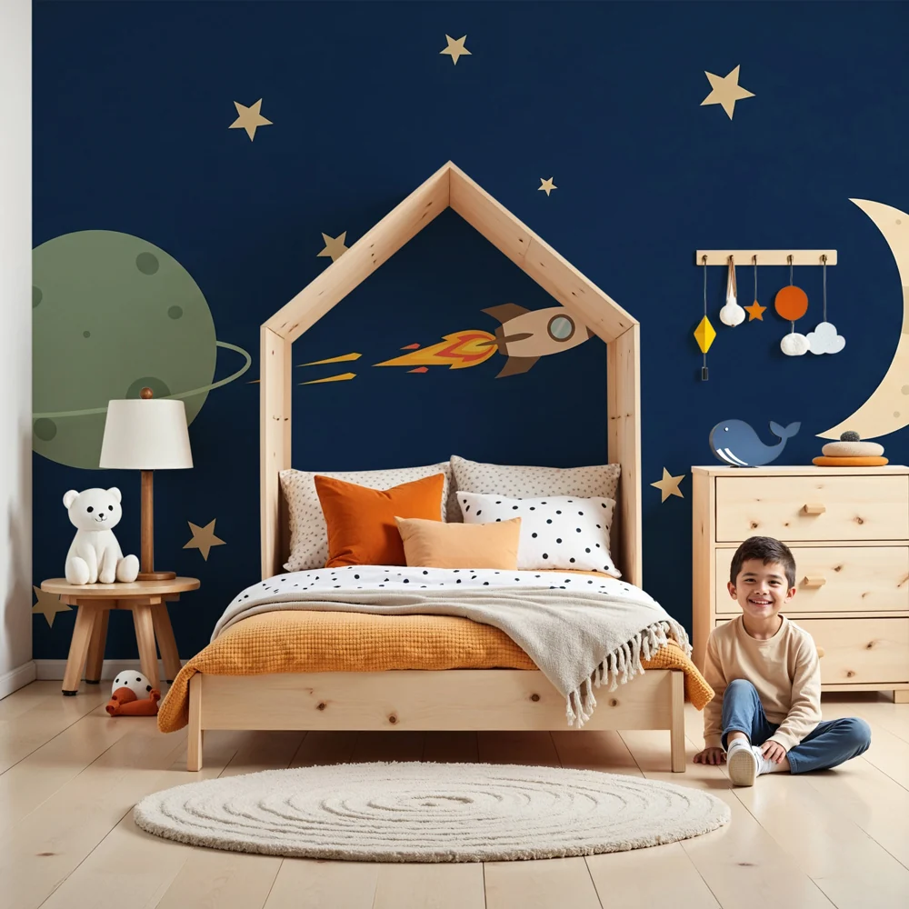 Kinderkamer behang | Ruimteavontuur met raket en sterren