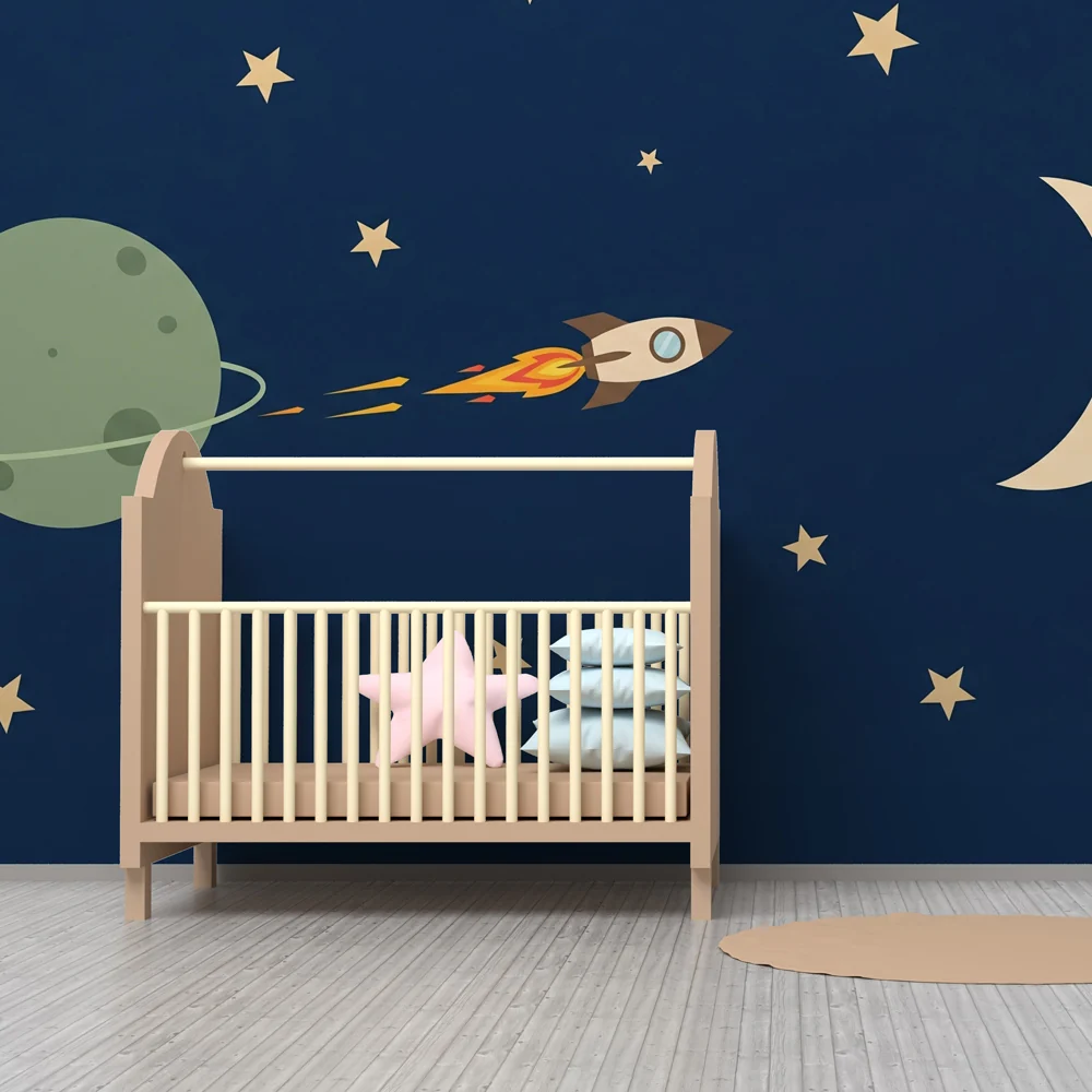 Kinderkamer behang | Ruimteavontuur met raket en sterren