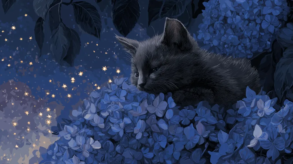 Kinderkamer behang | Rustige kitten tussen hortensia's onder een sterrenhemel
