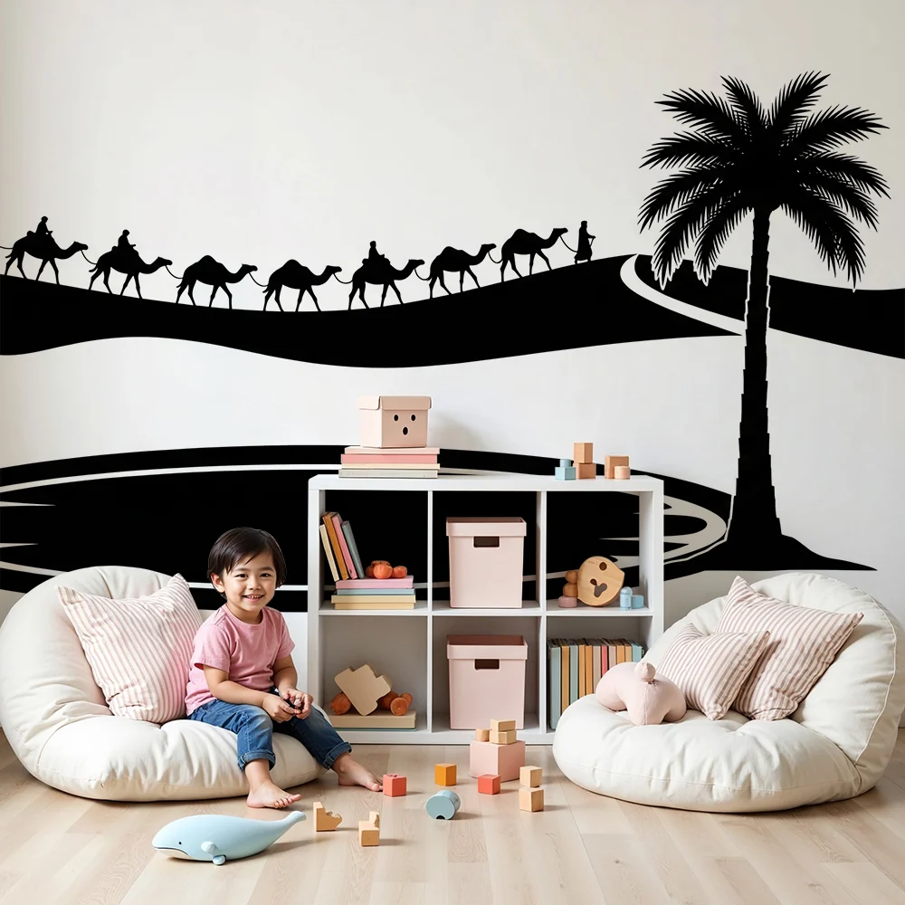 Kinderzimmer Tapete | Abenteuer der Wüste mit Kamelen und Palmen