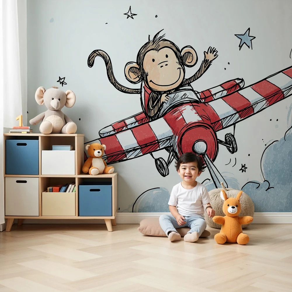 Kinderzimmer Tapete | Abenteuerlicher Affe den Wolken