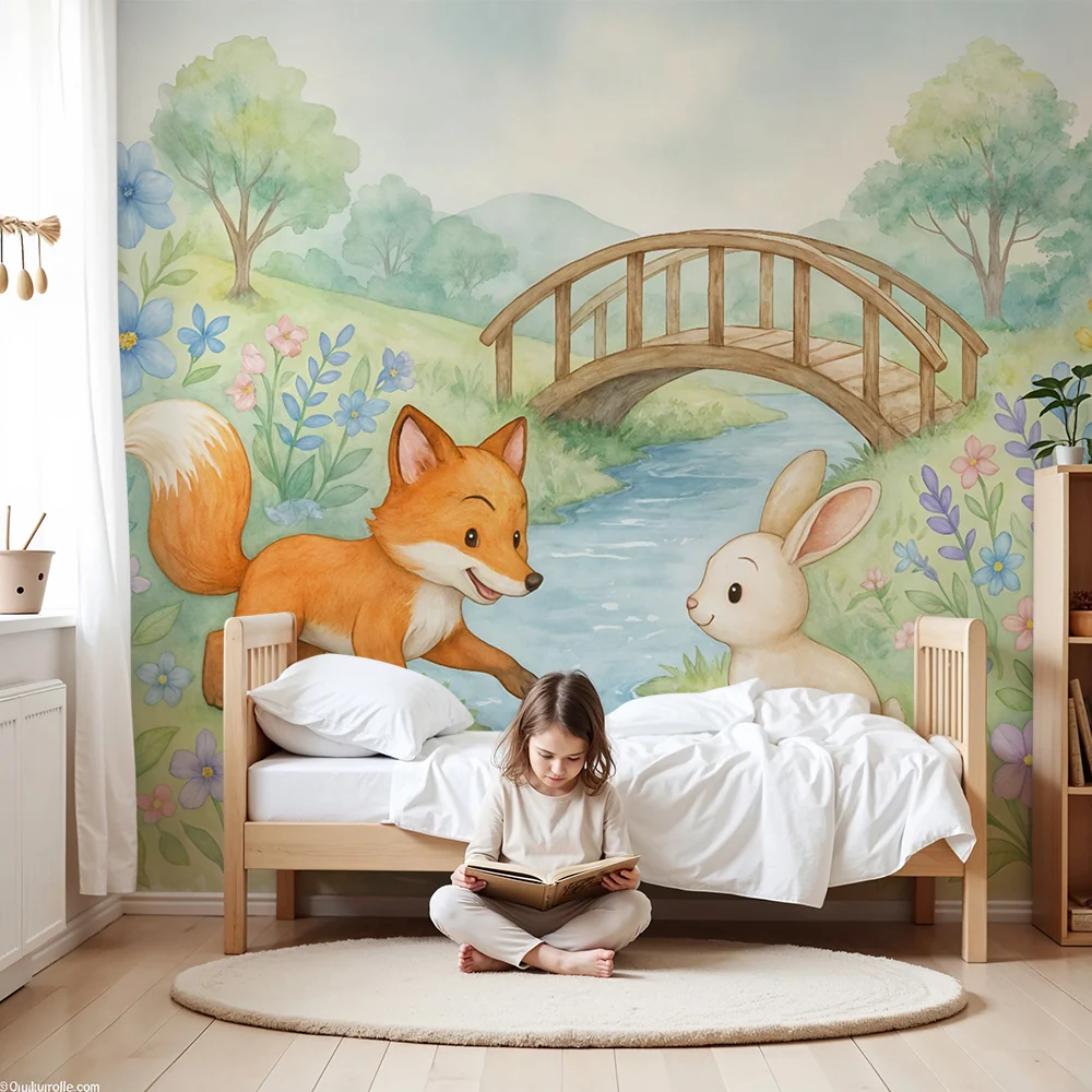 Kinderzimmer Tapete | Aquarell Fuchs und Hase