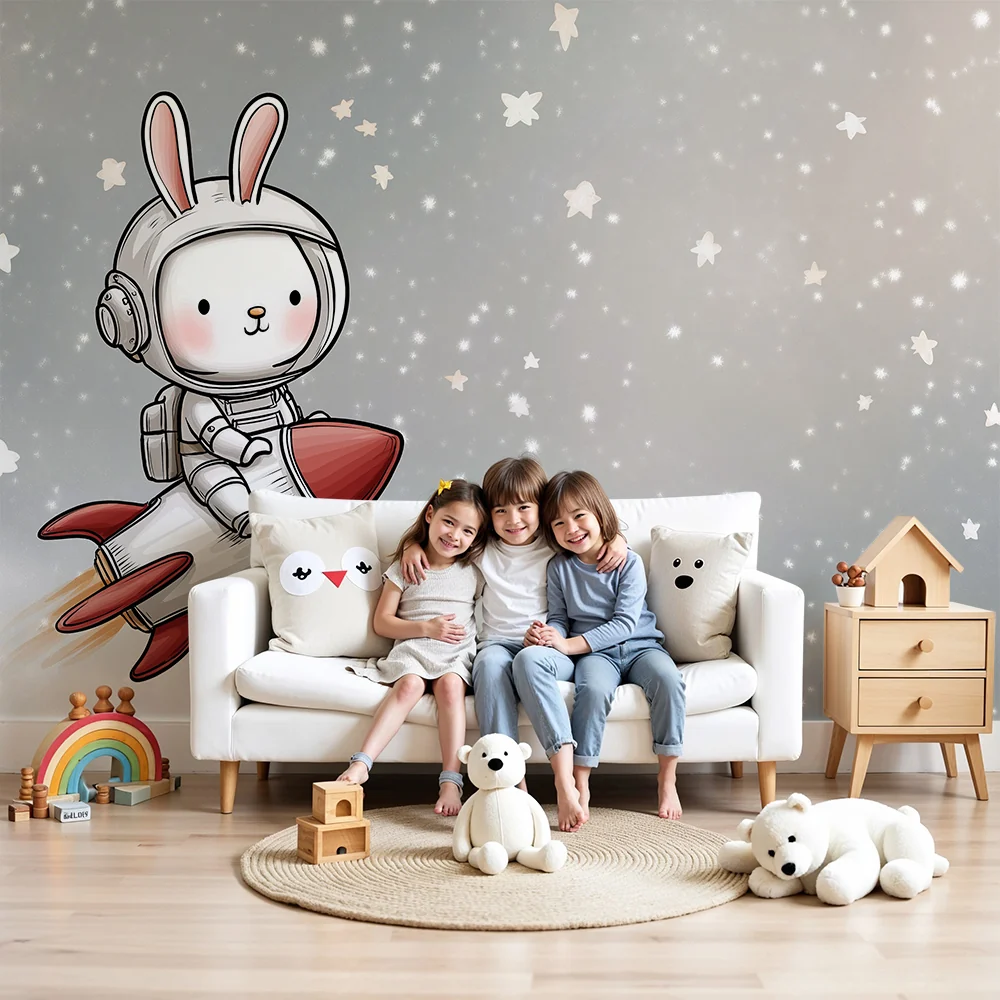 Kinderzimmer Tapete | Astronautenkaninchen einer Rakete unter den Sternen