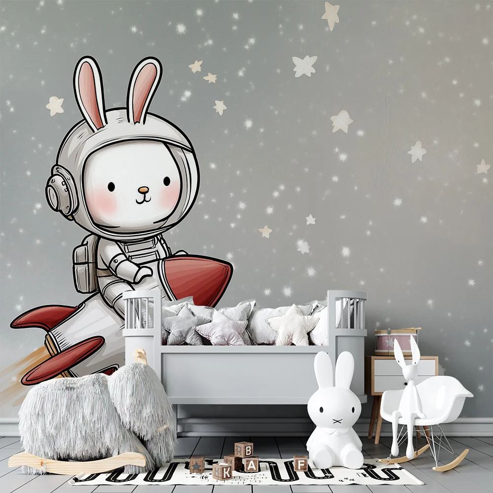 Kinderzimmer Tapete | Astronautenkaninchen einer Rakete unter den Sternen