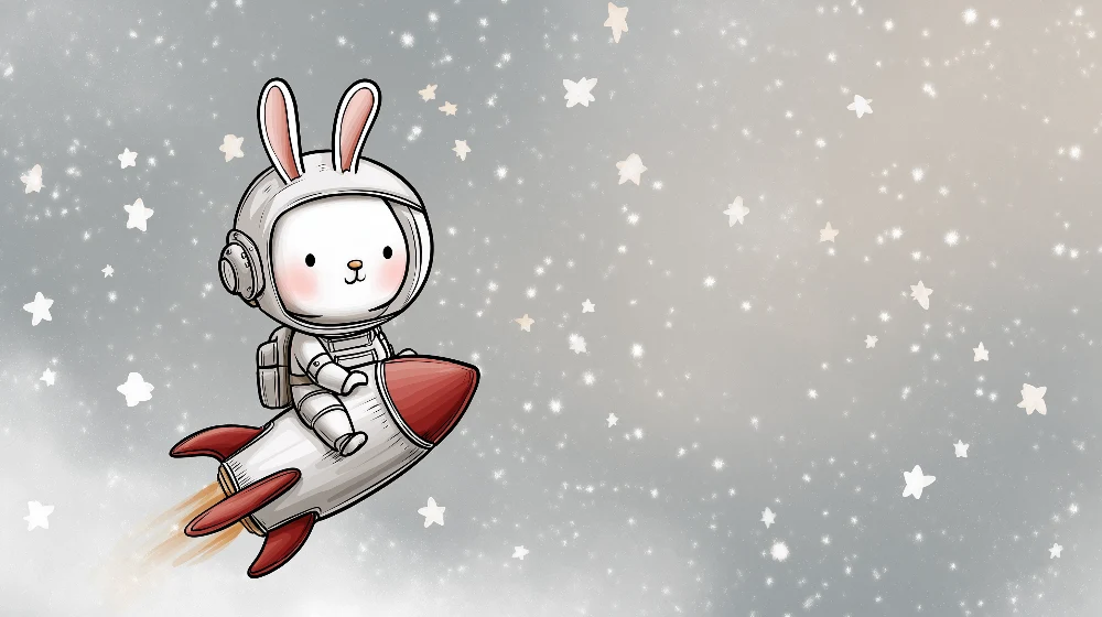 Kinderzimmer Tapete | Astronautenkaninchen einer Rakete unter den Sternen