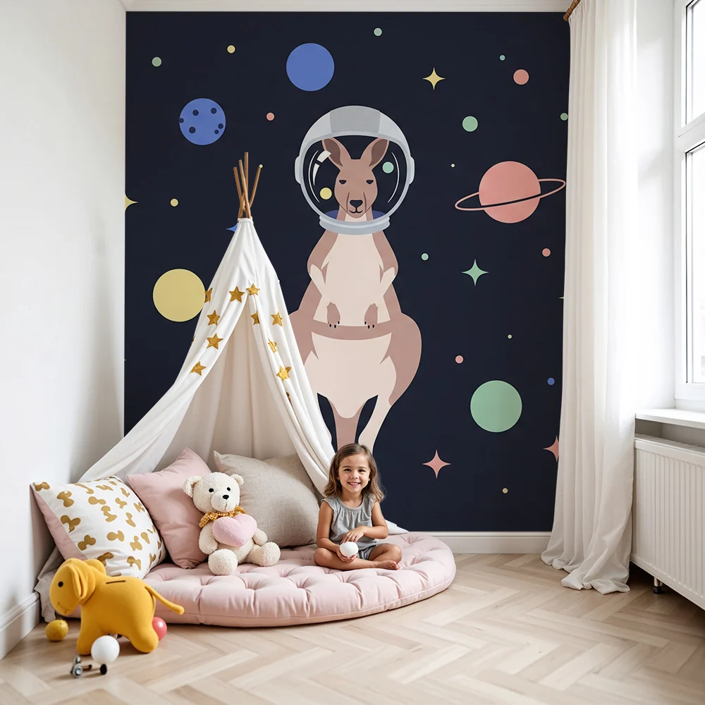 Kinderzimmer Tapete | Astronaut-Känguru im bunten Weltraum