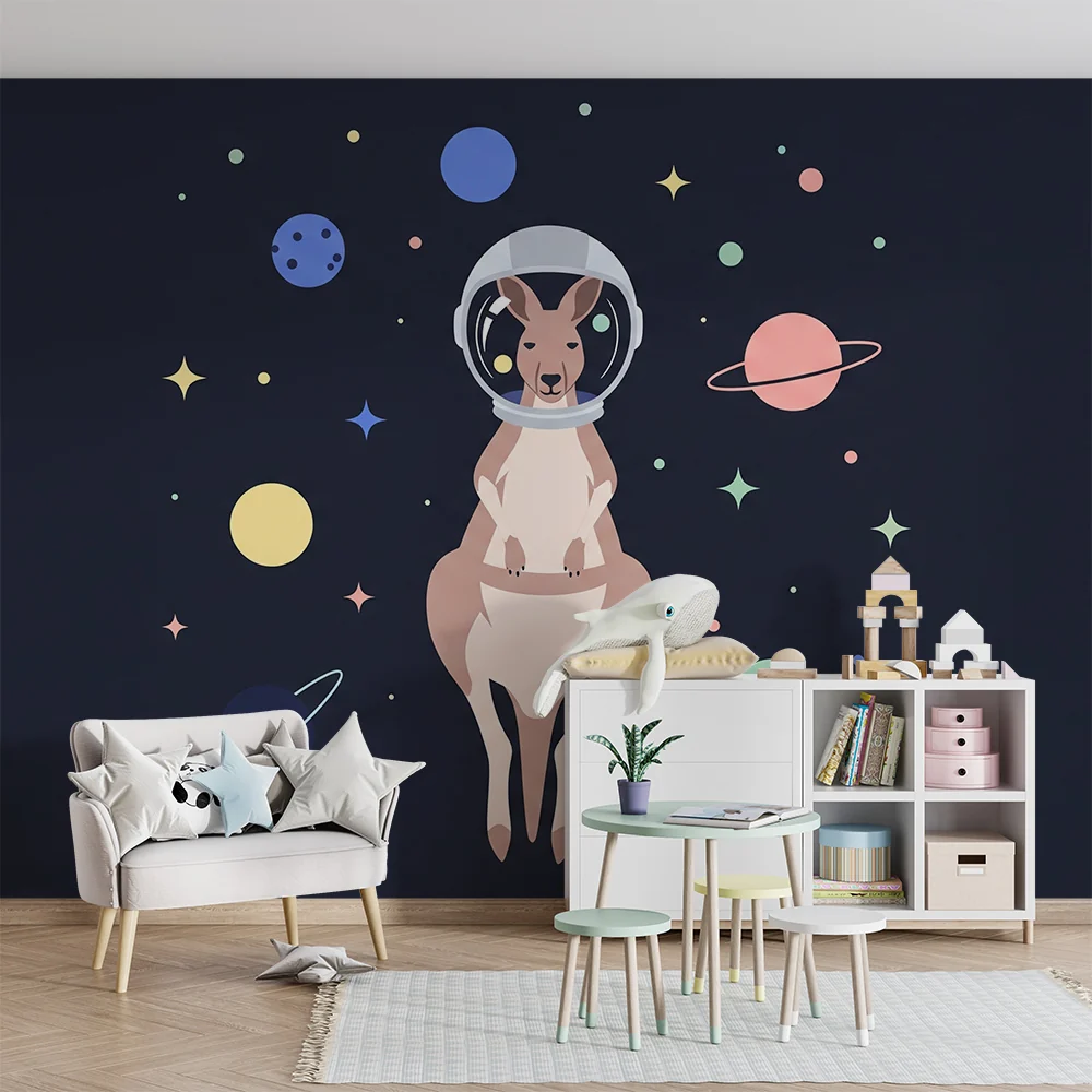 Kinderzimmer Tapete | Astronaut-Känguru im bunten Weltraum