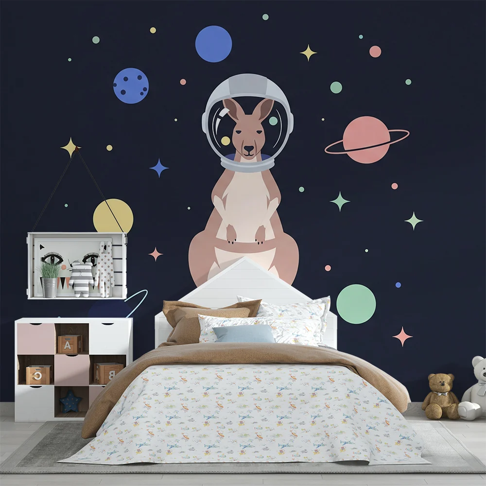 Kinderzimmer Tapete | Astronaut-Känguru im bunten Weltraum